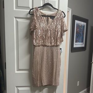 Betsy & Adam Gold Sequin Cold Shoulder Sheath Dress